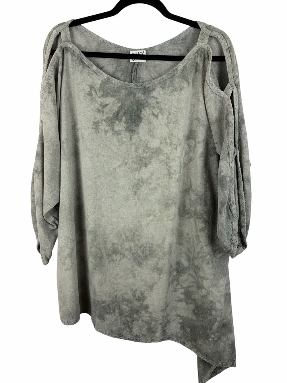 Oh My Gauze Gray Tie-Dye Cold Shoulder Asymmetrical Tunic Top 100% Cotton